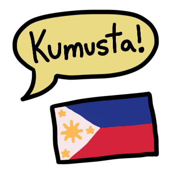 A speech bubble in yellow shows a greeting in the Tagalog language, with the flag of The Philippines shown underneath it. 